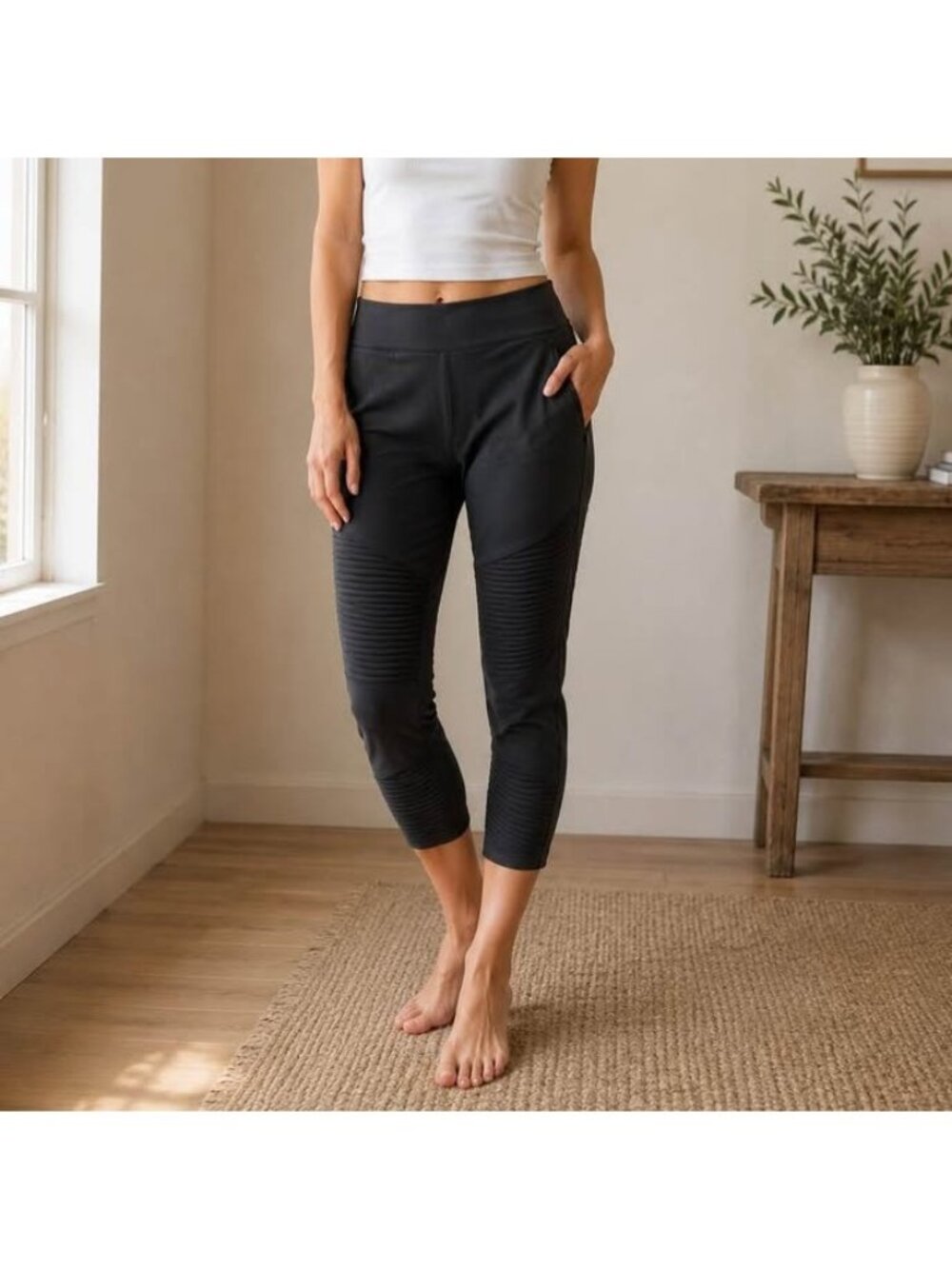 Athleta Moto Tight Leggings Black Ribbed Zip Pocket 2P